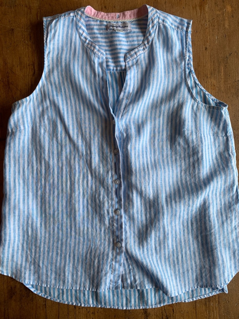 Tommy Bahama Linen Blue & White Striped Sleeveless Button-Front Top